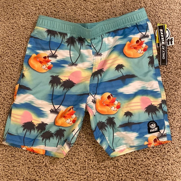 Neff swim trunks Blue Green with Palm Trees and Ducks Duckies - Picture 1 of 4